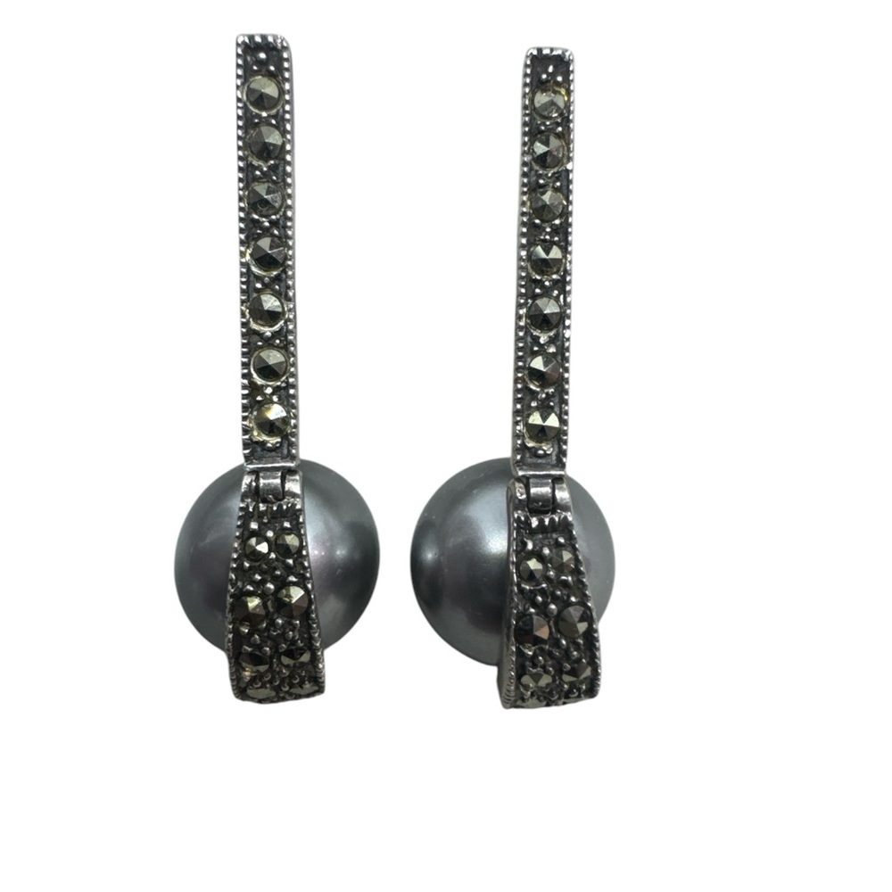 Earrings  Sterling Silver 925 Marcasite & Pearl Long Drop Dangling